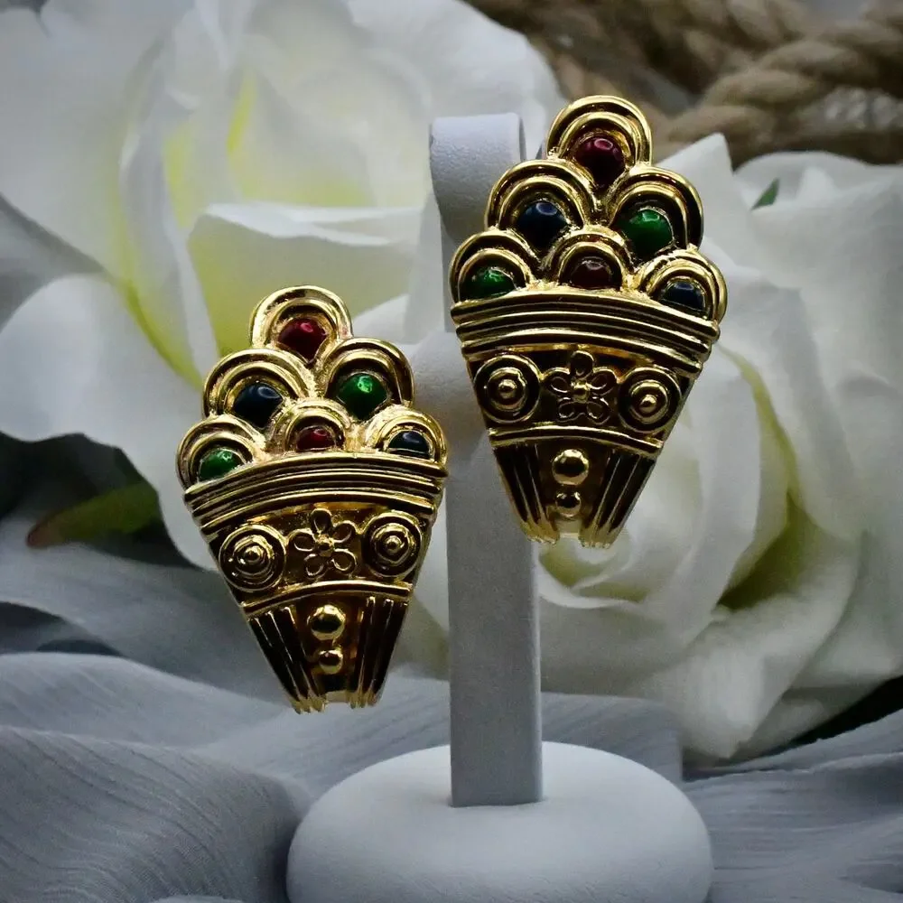 Vintage Christian Dior 1980s Runway Etruscan Revival Enamel Shield Earrings 2" - Picture 3 of 11